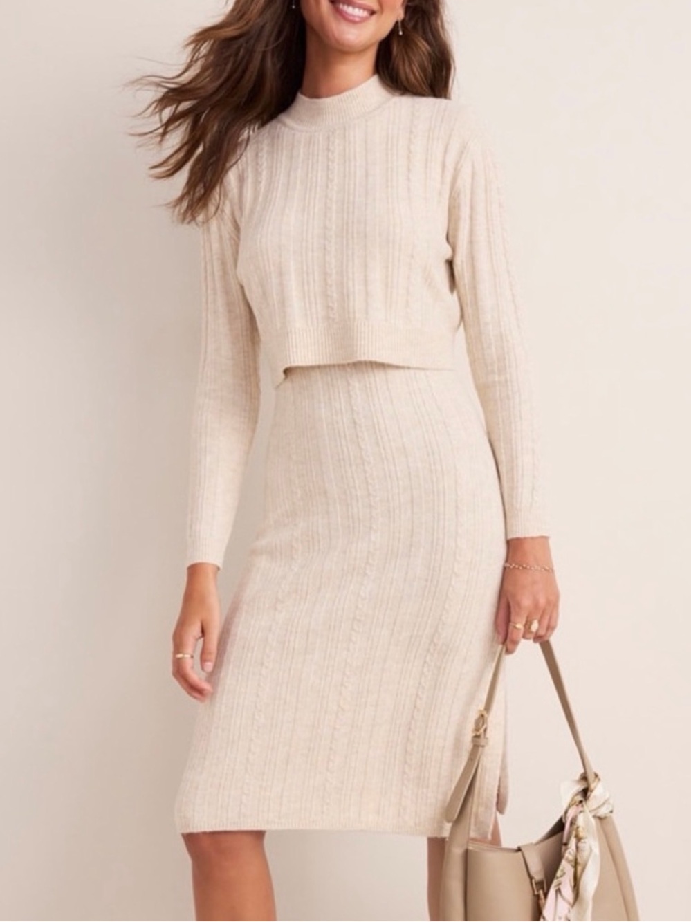 Francesca’s Zoey Mock Neck Ribbed Knit Cream Midi Sweater Dress